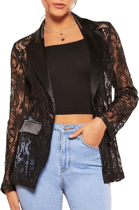 WDIRARA Women's Floral Lace Mesh One Button Lapel Neck Long Sleeve Elegant Jacket Blazer Black S at Amazon Women’s Clothing store Lace Blazer Jacket, Blazer For Women, Elegant Jacket, Lace Blazer, 70s Outfits, Long Sleeve Blazers, Blazer Fashion, Jacket Blazer, Only Fashion