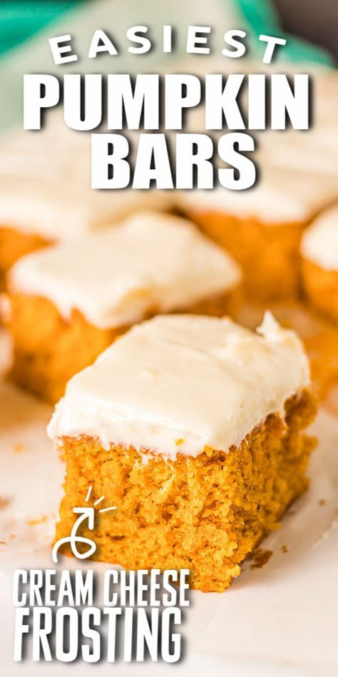 Pumpkin Bars with Cream Cheese Frosting is such a classic, easy recipe! From scratch, moist pumpkin bars are the perfect fall treat and simple enough that anyone can make them. | www.persnicketyplates.com Easy Pumpkin Bars, Pumpkin Bars With Cream Cheese, Bars With Cream Cheese Frosting, Bars With Cream Cheese, Pumpkin Squares, Cream Cheese Bars, Pumpkin Desserts, Easy Treat, Pumpkin Bars