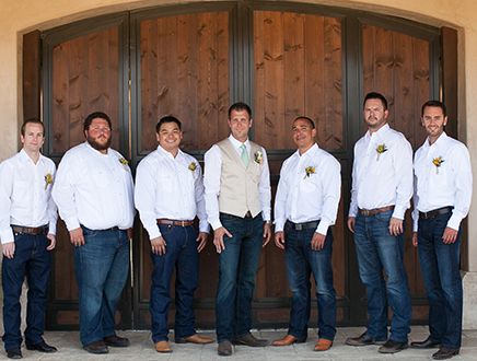 33 Cool Ideas for the Groomsmen - WeddingWire.com Groomsmen In Jeans, Casual Bridal Party, Men In Jeans, Country Casual, Jeans Boots, Vest And Tie, Local Wedding, The Men, The Groom