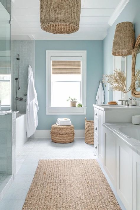 "Elevate your home with the charm of a Modern Coastal Bathroom! 🚿🌊 Perfect for those who love a fresh and relaxed aesthetic. 🌟✨ #BeachHouseDecor #ModernLiving #BathroomDesign" Costal Theme House, Ocean Restroom Decor, Cozy Coastal Bathroom, California Coastal Bathroom Design, Coastal Beach House Bathroom, Beach Decor Bathroom Ideas, Greece Inspired Bathroom, Beach Farmhouse Bathroom, Green Coastal Bathroom