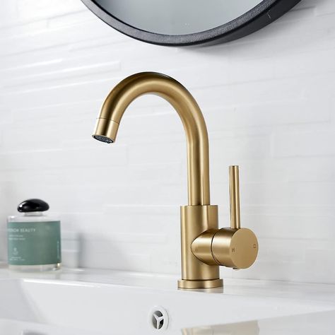 Basin Tap with Waste, NewEast Gold Bathroom Sink Mixer Tap Single Lever Solid Brass : Amazon.co.uk: DIY & Tools Gold Bathroom Sink, Small Bathroom Inspiration, Gold Taps, Bathroom Sink Taps, Brass Tap, Sink Mixer Taps, Towel Radiator, Brass Bathroom, Gold Bathroom