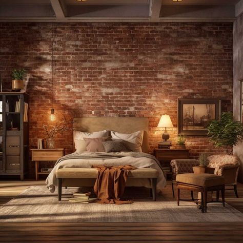 How Bedroom Wall Interior Design Can Change Your Space • 333+ Images • [ArtFacade] Bed Against Brick Wall, Bedroom Wall Interior Design, Brick Accent Wall Bedroom, Brick Wall Bedroom Ideas, Peaceful Room, Luxury Room Design, Brick Accent Wall, Luxury Room, Wall Interior