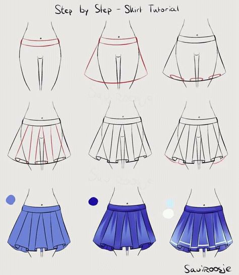 Skirt Drawing, Anime Skirts, Drawing Instructions, Fashion Drawing Tutorial, Skirt Tutorial, Hur Man Målar, Dress Sketches, Dress Drawing, Step Drawing