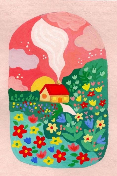 Drawing Colorful Aesthetic, Simple Colorful Painting Ideas, Guache Illustration Cute, Simple Cottagecore Painting, Colorful Aesthetic Drawings, Wall Painting Art Drawings, Painting Ideas On Canvas Cottagecore, Aesthetic Drawings Colorful, Colorful Posters For Room