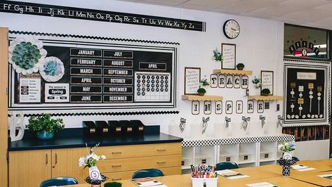 Homeschool Layout, Industrial Chic Classroom, Chic Classroom Decor, Black And White Classroom, Scandi Garden, Farm Classroom, Above Cabinet Decor, White Classroom, Reading Cafe