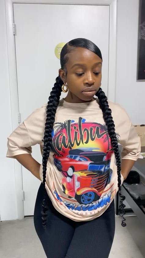 dabraiderr on Instagram: Swoop bang 😍😍 Two braids always better than one ! @dallasalexiaxo True Barbie Doll 👱🏾‍♀️ Two Slick Back Braids Hairstyle Black Women, Pigtail Ponytail Weave, Slick Back Braided Pigtails, Slick Braided Pigtails, Two Slick Braids, Two Braid Ponytail For Black Women, Two Slick Back Braided Ponytail Weave, 2 Pigtail Braids, Two Braided Ponytail For Black Women