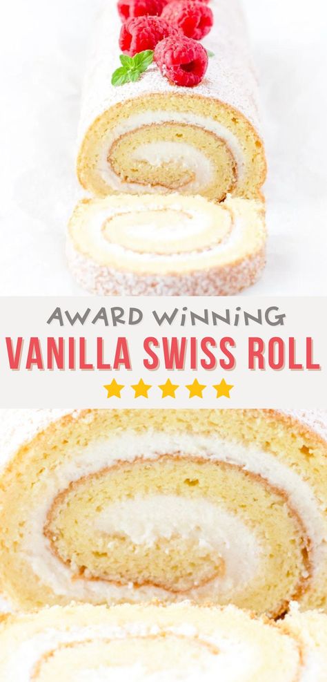 With millions of views, this Vanilla Swiss Roll Recipe is quick and easy to follow, no-fluff, and no-fail!Made with just a few pantry staples, this Swiss roll is pillowy-soft and is guaranteed to roll up beautifully without any cracks! Filled with sweet whipped cream and topped with raspberries, this is the perfect dessert for any occasion! Swiss Cake Roll Cake, Holiday Cake Roll Recipes, Vanilla Swiss Roll Recipe Sponge Cake, White Jelly Roll Cake, Caramel Cake Roll, Vanilla Swiss Roll Cake, White Cake Roll Recipes, How To Make A Swiss Roll Cake, Jelly Roll Recipe Homemade