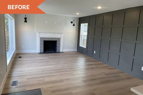 See How a Stager Toned Down a Statement Wall in This Utah Living Room | Apartment Therapy Utah Living, Cream Colored Sofa, Wooden Side Tables, Tall Windows, Tiny Apartments, Furniture Placement, Statement Wall, Flipping Houses, Fireplace Tile