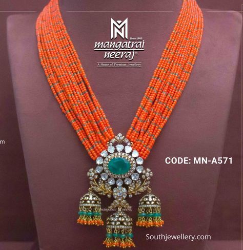 Mangatrai Neeraj Jewellery, Coral Beads Jewellery, Pagadala Mala, Beads Haram, Polki Pendant, Vintage Indian Jewelry, Coral Jewelry Set, Stone Bead Jewelry, Jewellery Bridal