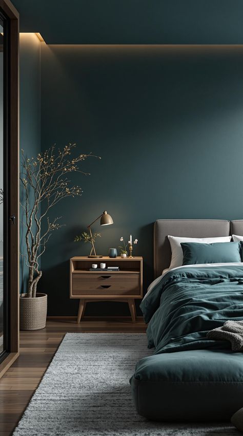 Dark Teal Bedroom Dark Ceiling Light Walls Bedroom, Men Bedroom Color Schemes, Bedroom Ideas Aesthetic Minimalist, Dark Blue Bedroom Decor, Teal Bedroom Furniture, Elegant Grey Bedroom, Moody Modern Bedroom, Zen Style Bedroom, Calming Bedroom Decor