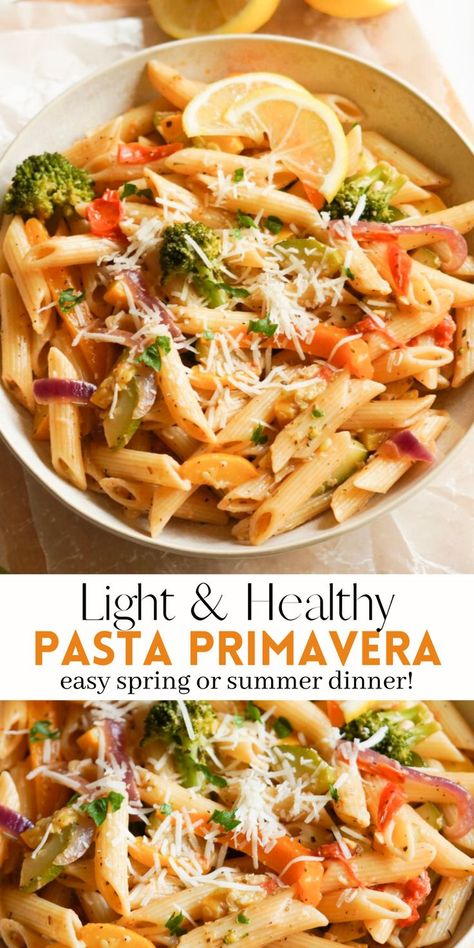 Healthy Pasta Primavera with penne is packed with tons of colorful, fresh vegetables like broccoli, bell pepper, tomatoes, and squash! It’s finished with a light and lemony butter sauce made with parmesan cheese and real lemon juice. You can enjoy this quick & easy light pasta dish on its own, or with some grilled chicken, for the perfect spring & summer weeknight dinner! Healthy Pasta Primavera, Penne Pasta Primavera, Light Pasta Recipes, Easy Pasta Primavera, Chicken Primavera Pasta, Light Pasta Dishes, Chicken Penne Pasta, Summer Pasta Dishes, Clean Eating Menu