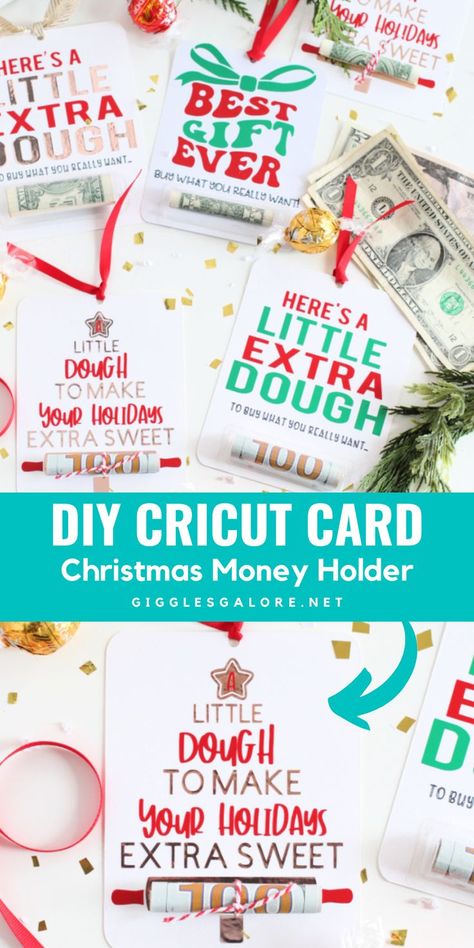 Cricut Christmas Card. With Text Reading: DIY Cricut Christmas Money Holder. Diy Christmas Money Holder, Money Gifts Christmas, Gift Money Holder, Money Holders Card, Easy Gift Idea, Wallet Gift Card, Cricut Christmas Ideas, Using Cricut, Christmas Money Holder