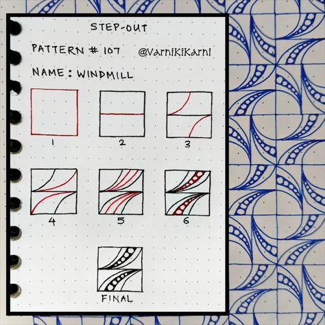 Step-out for Pattern # 107 Pattern name : Windmill Pattern by : Hiroko Matsuo Steps to untangle the tangle Create this pattern and tag… | Instagram Tangle Tutorial, Zentangle Designs Pattern, Tangle Patterns Step By Step, Tangle Art Step By Step, Zentangle Patterns Step By Step, Zentangle Filler Patterns Step By Step, Grid Zentangle Patterns, Official Zentangle Patterns Step By Step, Waybop Zentangle Pattern