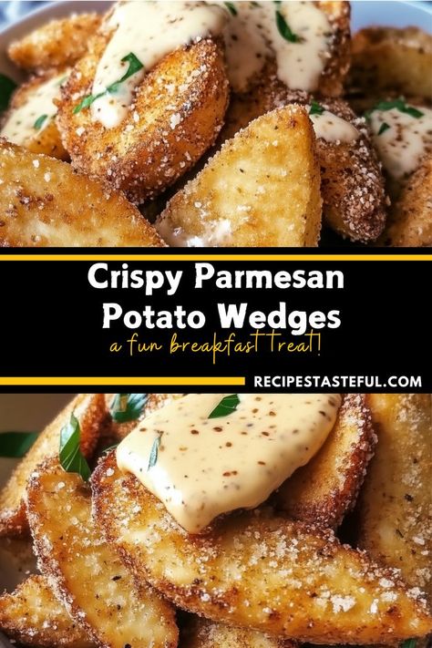 These Crispy Parmesan Potato Wedges are a delightful side dish or snack, combining the crunch of perfectly baked potatoes with the rich flavor of Parmesan cheese and aromatic spices. Served with a tangy dipping sauce, they make for an irresistible treat! Potato Wedge Seasonings, Airfryer Potato Wedges, Wedge Potatoes Recipes Oven Baked, Appetizers With Potatoes, Dip For Potato Wedges, Simple Potatoes Recipes, Fried Potato Wedges Recipe, Crispy Potato Recipes, Russet Potato Side Dishes