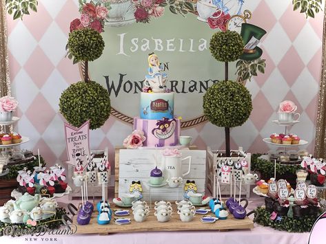 Alice in Wonderland Dessert Table Alice In Wonderland Desserts, Wonderland Desserts, Alice In Wonderland Dessert Table, Alice In Wonderland Cupcakes, Girl Dinosaur Party, Dessert Table Birthday, Alice In Wonderland Tea Party Birthday, Bridal Shower Desserts, Baby Shower Dessert Table