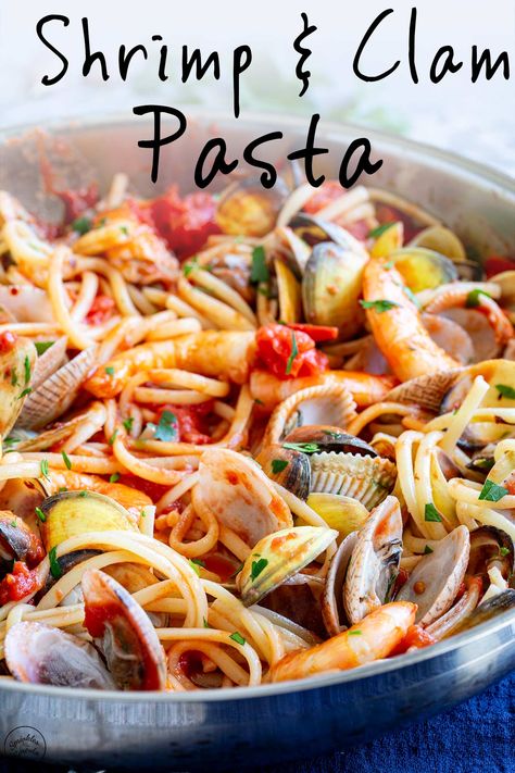 This Shrimp and Clam Pasta is easy to make and will have you feeling like a gourmet chef. The recipe pairs succulent shrimp and fresh clams with al dente pasta in a rich, tomato-based sauce. The result is a dish that is bursting with flavor. It's a classic Italian dish that is easy to make and flavorful. Serve it with plenty of bread to soak up the sauce, and you have a quality restaurant meal at home. Clam Recipes Pasta, Clams And Shrimp Pasta, Shrimp And Clam Pasta, Clams Recipe Pasta, Clam Recipes Fresh, Clam Pasta Recipe, Clams Recipe, Fresh Clams, Clam Pasta