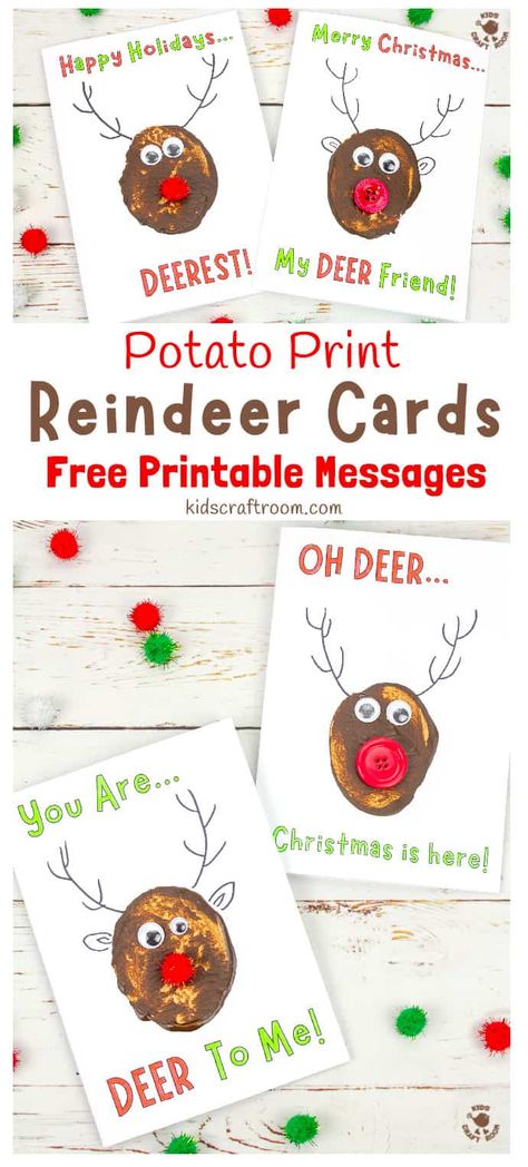 Spread some Christmas cheer with these funny Potato Print Reindeer Christmas Cards. This Christmas craft is easy to make with 4 free printable reindeer pun messages to choose from. A fun Christmas card craft for kids of all ages. #kidscraftroom #christmascrafts #christmas #christmascards #reindeer #reindeercrafts #kidscrafts #potatoprinting #printablecrafts Reindeer Puns, Potato Printing, Reindeer Christmas Cards, Printable Backgrounds, Potato Print, Reindeer Card, Kids Craft Room, Fun Christmas Cards, Santa Christmas Cards