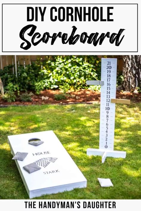 Learn how to make this cornhole scoreboard out of a single 1x8 board! Get the free woodworking plans for this DIY cornhole scoreboard and get building! Customize your homemade cornhole scoreboard with your team colors, and add drink holders to the back! #cornhole #outdoorgames Diy Scoreboard, Deck Plans Diy, Cornhole Scoreboard, Diy Cornhole, Woodworking Quotes, Corn Hole Diy, Cornhole Game, Backyard Diy, Corn Hole Game