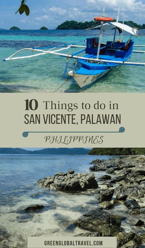 San Vicente, Palawan (Philippines) is widely considered one of the top tropical islands to visit. Check out our top things to do in San Vicente, including the best beaches, island hopping, swimming with sea turtles, waterfalls, and more! via @greenglobaltrvl Palawan Itinerary, Palawan Island, Travel Philippines, Coron Palawan, Palawan Philippines, Travel Destinations Asia, Asia Travel Guide, Southeast Asia Travel, Philippines Travel