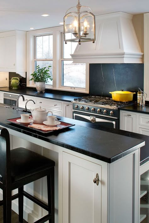 Soapstone Countertops Kitchen, White Cabinets Black Countertops, Soapstone Kitchen, White Cabinets White Countertops, Off White Kitchens, Soapstone Countertops, California Street, Dark Countertops, Black Granite Countertops