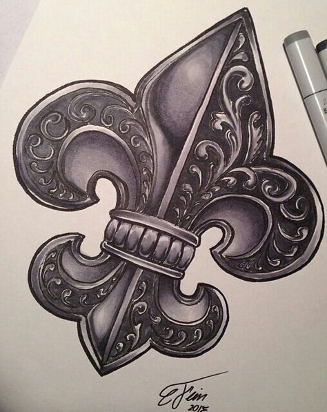 Saints Fleur de lis Saints Tattoo New Orleans, New Orleans Tattoo Ideas, Fluer De Lis Tattoo, New Orleans Tattoo, Lis Tattoo, Baroque Tattoo, Filipino Tattoos, Diva Den, M Tattoos