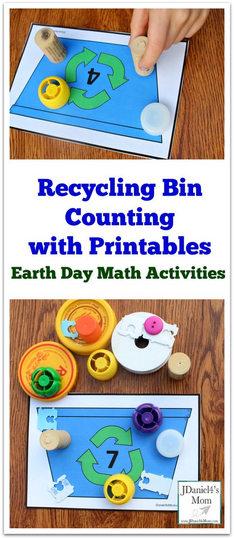 Earth Day Activities - Recycling Bin Counting with Printables Earth Week Preschool, Earth Day Math Activities, Earth Day Preschool Activities, Recycled Crafts Kids Preschool, Recycle Preschool, Recycling Activities For Kids, Earth Day Math, Recycling Lessons, Recycling Activities