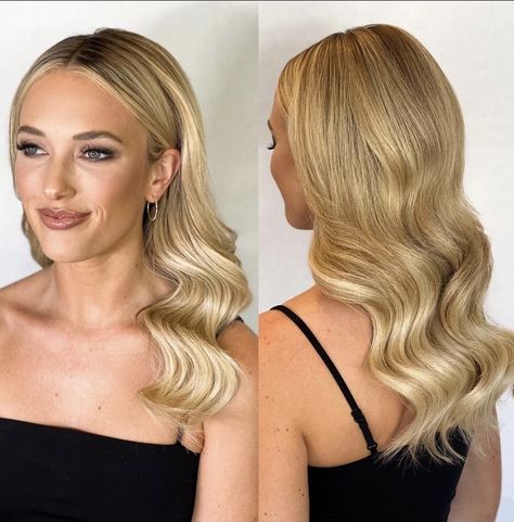 Down Do Bridesmaid Hair, Sleek Front Wedding Hair, Crimped Bridesmaid Hair, Sleek Middle Part Glam Waves, Bridal Hair Chic, Wedding Finger Waves, Formal Hair For Round Face Shape, Down Do Wedding Hair Bridesmaid, Hair Curled Down Wedding