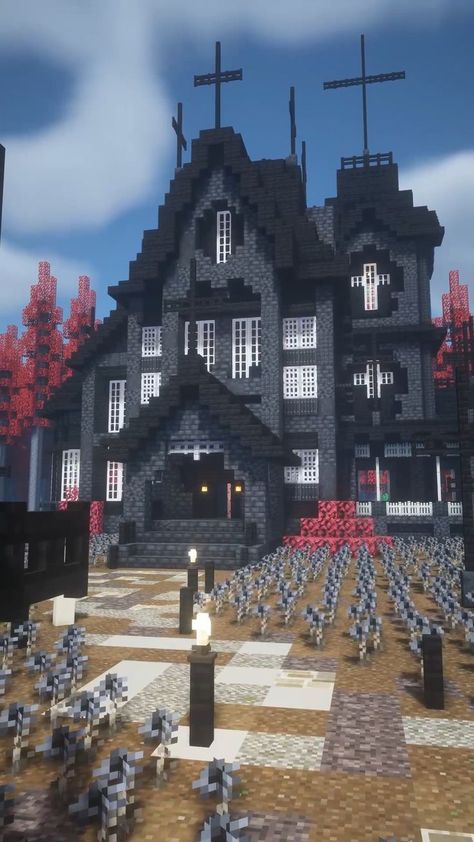 Kuromi Minecraft House, Minecraft Dark House, Minecraft Moon Fountain, Dark Castle Minecraft, Dark Minecraft House, Witchy Minecraft, Minecraft Guides, Minecraft Halloween Ideas, Construction Minecraft