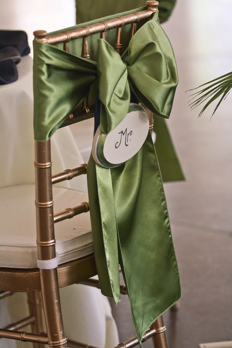 Signs for Bride and Groom's chairs at the sweetheart table Emerald Green Wedding Chair Decor, Green Bow With Bow Tie Back For Formal Occasions, Green Formal Bow With Tie Back, Sage Green Chair Sashes Wedding, Green Wedding Chair Sashes, Chivari Chairs, Purple And Green Wedding, Olive Green Weddings, Chair Bows