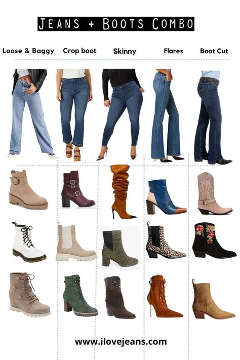 Boots and Jeans combinations to wear for Fall. Perfectly paired boots for Baggy, loose jeans, crop boot cut jeans, Skinny jeans, Flared jeans and Boot Cut jeans. Slouchy Boots Outfit, Flare Jeans And Boots, Flare Outfits, Jeans Combination, Jeans Boots Outfit, Bootcut Jeans Outfit, Boots And Jeans, Jeans Outfit Fall, Jeans Flared