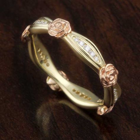 Flower Diamond Wedding Band in 14k yellow gold with 14k rose gold roses and white gold diamonds. Interesting Rings Design, Rose Gold Diamond Flower Ring, Rose Gold Roses, Flower Gold Ring, Gold Roses, Cute Engagement Rings, Rose Jewelry, Jewelry Lookbook, Nature Inspired Jewelry