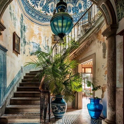 Spanish Traditional House, Mexican Style Interior Design, Tropical Porch, Old Mexican House, Baptiste Bohu, Modern Mexican Home Decor, Portugal Architecture, Andalusian Architecture, Portugal Style