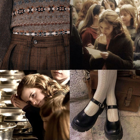 Hermione Granger Uniform, Hermoine Granger Outfits Style, Hermione Granger Routine, Gryffindor Party Outfit, Hermione Outfits Aesthetic, Hermione Granger Study Aesthetic, Huffleclaw Aesthetic, Harry Potter Academia, Falltime Aesthetic