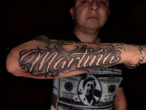 Daughters Name Tattoo For Men Forearm, Forearm Word Tattoos Men, Name Tattoos Arm, Last Name Tattoos For Men, Liverbird Tattoo, Men Hand Tattoos, Forearm Word Tattoo, Martinez Tattoo, Forearm Name Tattoos