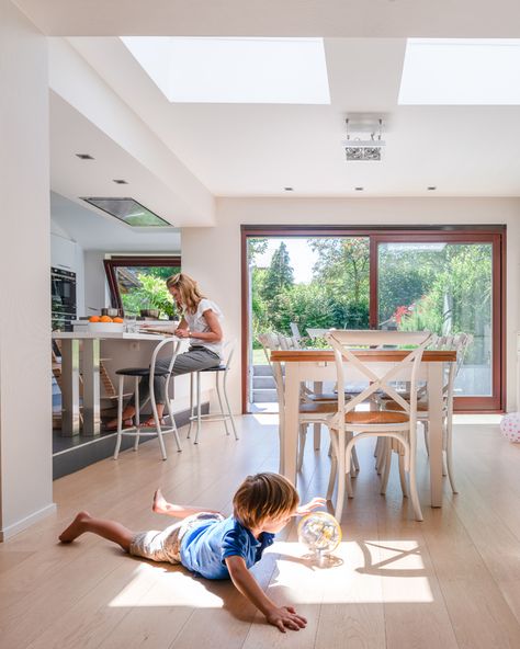 Skylights can transform any room into a bright, breezy escape—perfect for sunny days and summer play. Natural Light Design, Skylight Ideas, Velux Skylights, Narrow Living Room, Ocean Grove, Cottage Renovation, Sun Shine, Big Windows, Beginner Workout