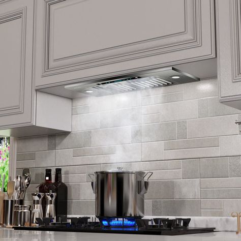 IKTCH 28" 900 CFM Ducted Insert Range Hood in Stainless Steel with Remote Control Included | Wayfair Ductless Range Hood, Range Hood Insert, Kitchen Vent Hood, Oven Hood, Cabinet Inspiration, Hood Ideas, Kitchen Vent, Kitchen Exhaust, Lala Land