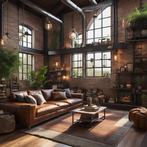 modern and rustic industrial design Old World Industrial Decor, Industrial City Apartment, Industrial Aesthetic Photography, Industrial Scandinavian Living Room, Industrial Aesthetic Interior Design, Industrial Eclectic Decor, Soft Industrial Decor, Urban Industrial Living Room, Boho Industrial Living Room