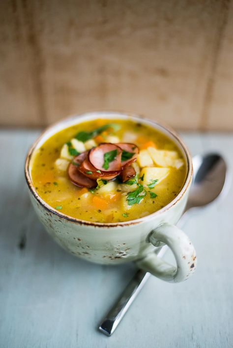 Slow-cooker German potato soup (kartoffelsuppe) German Potato Soup, German Potato, German Potatoes, Jamie Oliver Recipes, Munnar, Think Food, Crock Pot Slow Cooker, Slow Cookers, Jamie Oliver