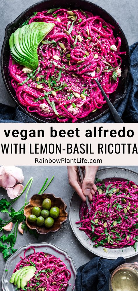 Vegetarian Dinner Party, Beet Pasta, Vegan Dinner Party, Rainbow Plant Life, Ricotta Sauce, Sliced Avocado, Fresh Beets, Beet Recipes, Vegan Pasta Recipes