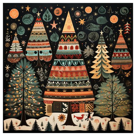 Scandinavian Christmas Trees, Folk Art Christmas, Contemporary Folk Art, Whimsical Christmas Trees, Christmas Card Art, Digital Art Printables, Scandinavian Folk Art, Whimsical Christmas, Folk Art Painting