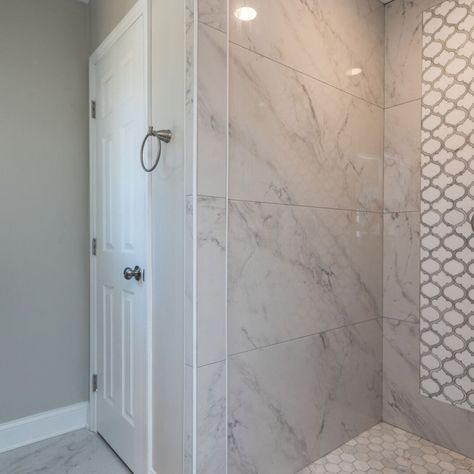 24x48" Carrara Armada Porcelain Tile Carrara Tile Bathroom, Large Tile Bathroom, Large Shower Tile, Master Bath Tile, Tile Tub Surround, Porcelain Tile Bathroom, Doorless Shower, Master Bath Shower, Bathroom Addition