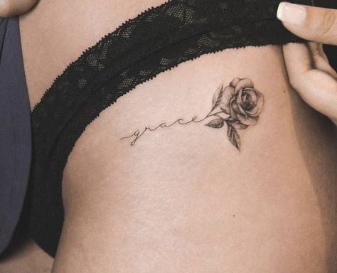 Rose Tattoos Ribs, Rose With Initials Tattoo, Small Rose Hip Tattoo, Panty Line Tattoos For Women, Hip Tattoo Rose, Small Flower Tattoos For Women, Rose Tattoo On Hip, Small Thigh Tattoos, Side Hip Tattoos