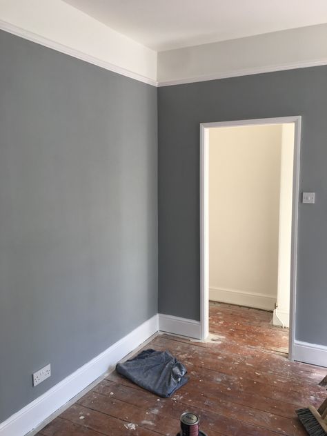 My almost complete front bedroom in Warm Pewter Complete with picture rail Room Color Design, Grey Wall Color, Picture Rail, Bedroom Wall Colors, Grey Room, Wood Flooring, Living Room Paint, Room Paint, Grey Walls