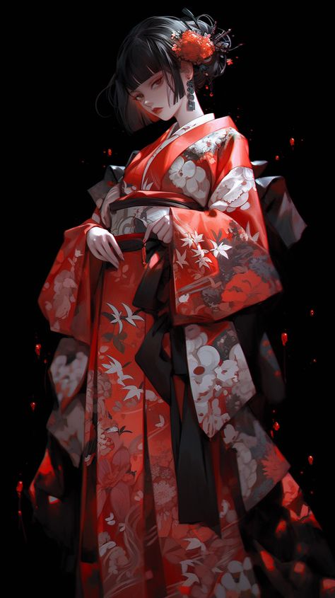 Traditional Japanese Woman Art, Red Kimono Aesthetic, Red Kimono Traditional, Jjk Shifting, Red And Black Kimono, Red And White Kimono, Black White Red Outfit, Female Kimono, Crimson Knight