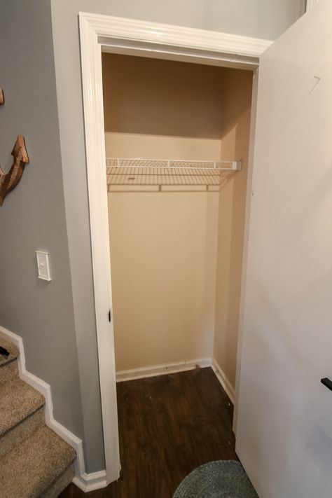 Does your entryway need a makeover? This coat closet started out as just one metal shelf, but a quick and inexpensive makeover made it so much more functional and beautiful! Check out the step by step process! #charlestoncrafted #diy #entryway #closet #makeover #closetmakeover Hall Closet Design Layout, Coat Closet Renovation, Front Closet Remodel, Deep Hall Closet Organization, Coat Rack Closet, Small Mud Room Closet, Small Front Hall Closet Organization, Hall Coat Closet Makeover, Front Room Closet Ideas