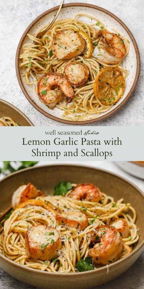 Lemon garlic pasta with shrimp and scallops is a quick, easy, and flavorful weeknight dinner! Fresh shellfish adds a subtle sweetness, which plays off the lemon garlic pasta sauce so well! Finish with lots of freshly grated Parmesan cheese and chopped parsley. Ready from start to finish in less than 30 minutes! #wellseasonedstudio #lemongarlicpasta #pasta #shrimp #scallops #scampi #lemonpasta #shellfish Lemon Garlic Pasta Sauce, Pasta With Shrimp And Scallops, Scallop And Shrimp Pasta, Scallop Recipes Pasta, Garlic Pasta Sauce, Scallop Pasta, Pasta Shrimp, Pasta With Shrimp, Weeknight Pasta