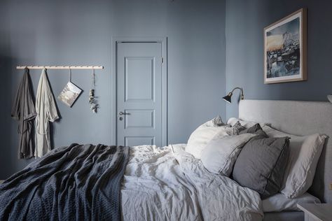 Grayish Blue Bedroom, Bluish Gray Bedroom, Scandinavian Blue Bedroom, Bedroom Wall Blue, Bedrooms With Blue Walls, Gray Blue Bedroom, Blue Walls Bedroom, Grey Blue Bedroom, Blue Grey Bedroom