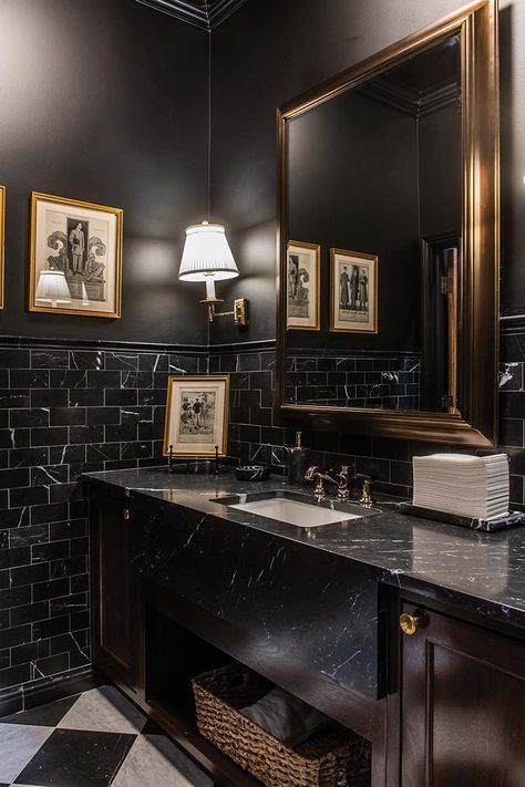 Black Marble Bathroom, Black Tile Bathrooms, Bathroom Mirror Ideas, Masculine Bathroom, Mens Bathroom, Vintage Bathroom Decor, Dark Bathrooms, Deco Bathroom, Mirror Ideas