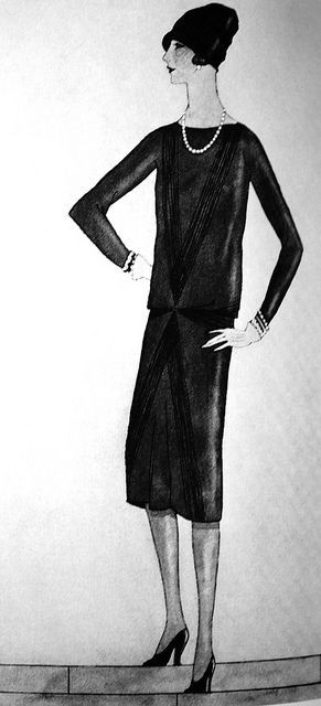 The Chanel 1926 Little Black Dress. “The Chanel ‘Ford’—the frock that all the world will wear,” in an illustration by Mainbocher, Vogue, October 1926. © Condé Nast. Courtesy Mainbocher/Vogue Coco Chanel Designs, Coco Chanel 1920s, Chanel Black Dress, Chanel Little Black Dress, History Chanel, 1930 Dress, American Vogue, 1920 Dress, 20s Dresses