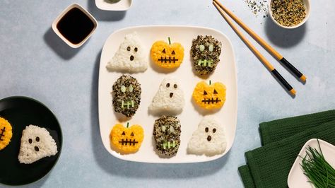 Trio Of Halloween Onigiri Recipe Monster Skull, Onigiri Recipe, Cucumber On Eyes, Spooky Halloween Treats, Nori Seaweed, Pumpkin Lantern, Rice Varieties, White Ghost, Potato Puree